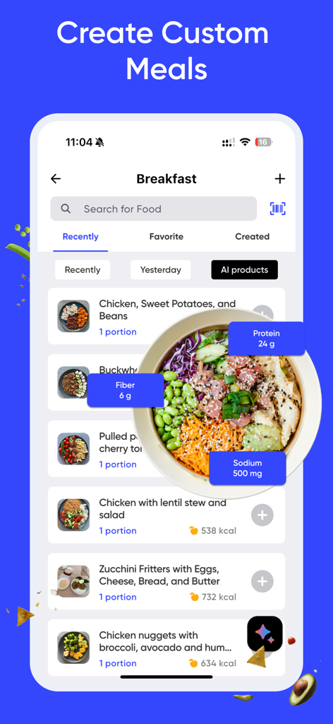 Calorie Counter by Wayout AI - Interfaz de la aplicación móvil que muestra la creación de comidas personalizadas y el seguimiento de macronutrientes para el desayuno