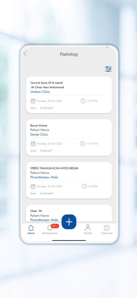 Elite Hospital - مستشفى النخبة - Radiology records list in the Elite Hospital mobile app showing scan types and status