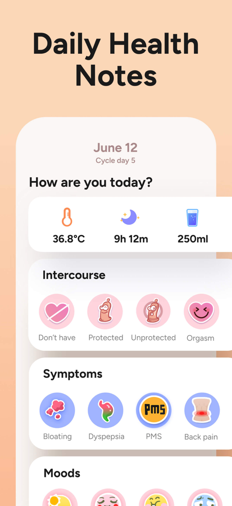 Interface of the Period Tracker app showing daily health notes for logging symptoms moods and water intake