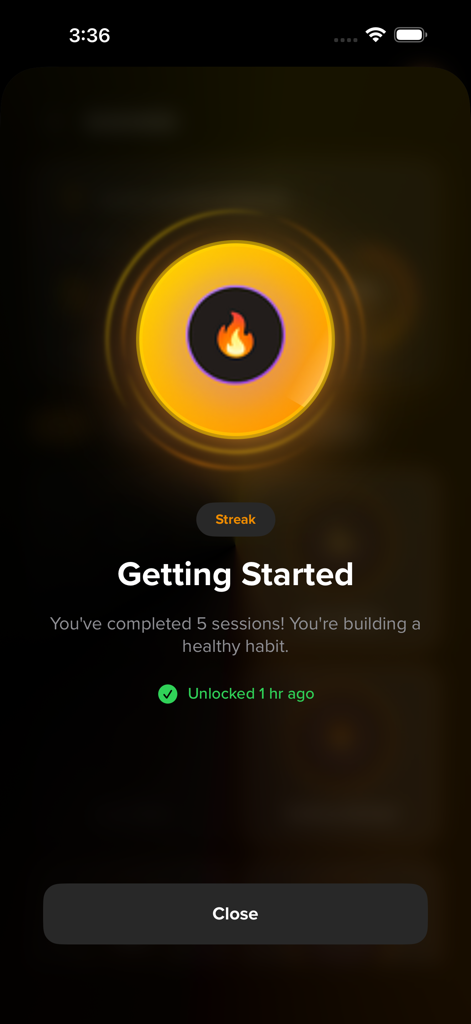 BrainTap app achievement screen showing a streak badge for completing five sessions