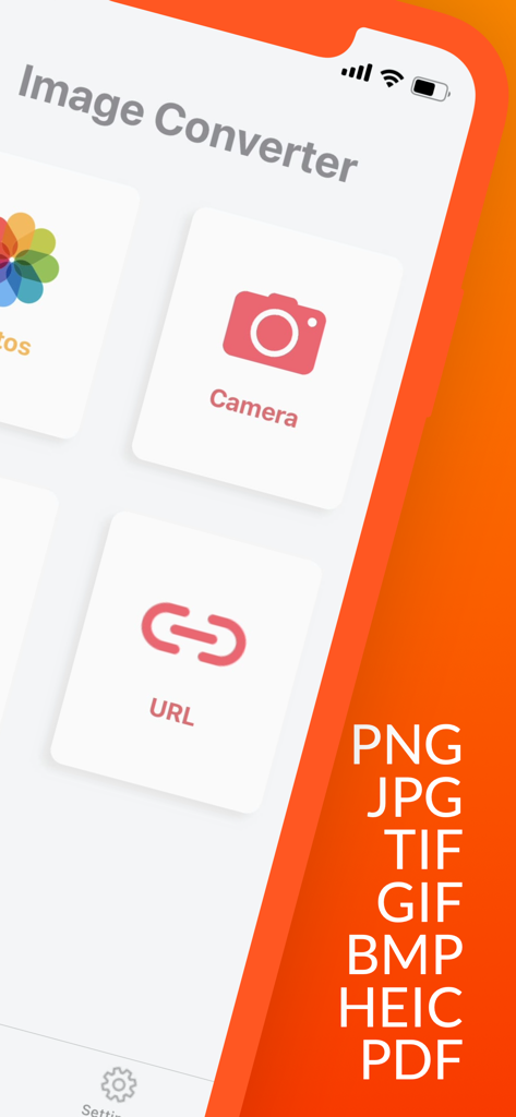 Interfaz de la aplicación Convertidor de Imágenes que muestra opciones de origen y formatos compatibles como JPG PNG y PDF