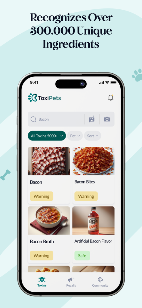 ToxiPets: Pet Poison Scanner - Pantalla de smartphone de la aplicación ToxiPets mostrando advertencias de seguridad para mascotas para varios productos de tocino