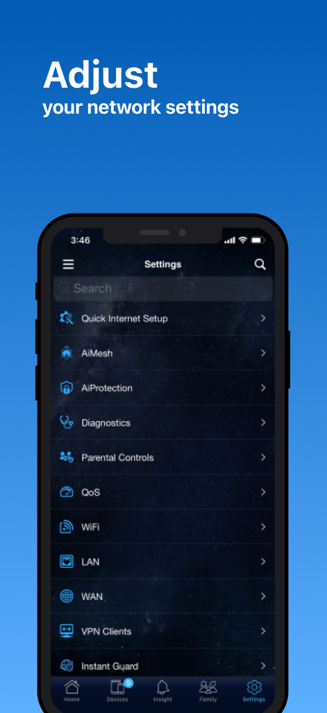 ASUS Router - Interfaccia delle impostazioni dell'app ASUS Router che mostra opzioni per AiMesh, Controlli Parentali e configurazione Wi-Fi.