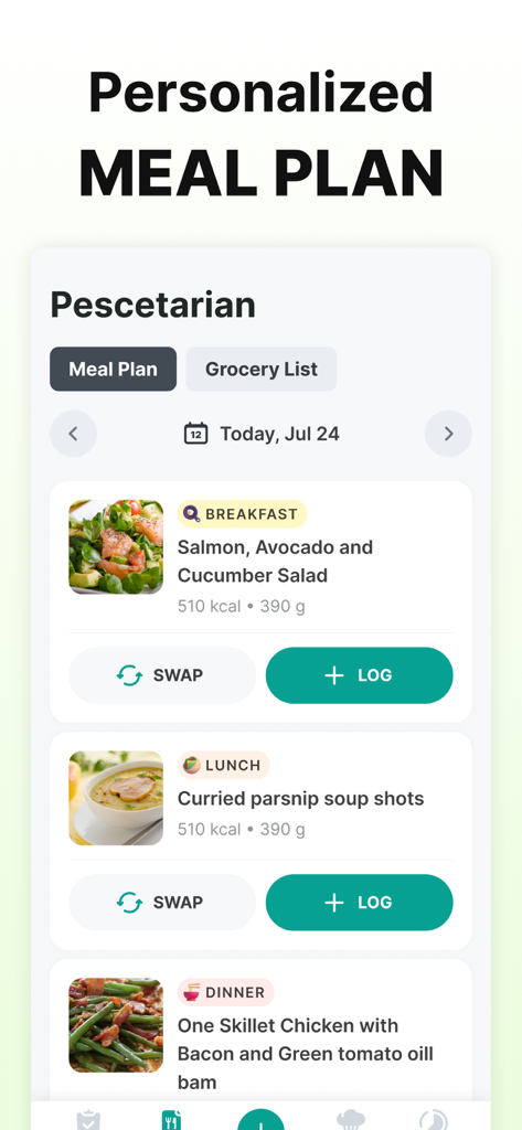 ‎Calorie Counter: Food Tracker - Tela de um aplicativo móvel mostrando um plano de refeição pescetariano personalizado com sugestões diárias de alimentos e opções de rastreamento de calorias