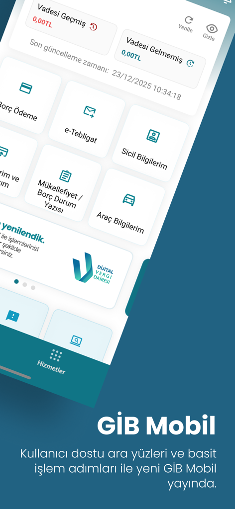 Interface of the GIB Mobil app showing tax debt payment and notification services for the Turkish Revenue Administration