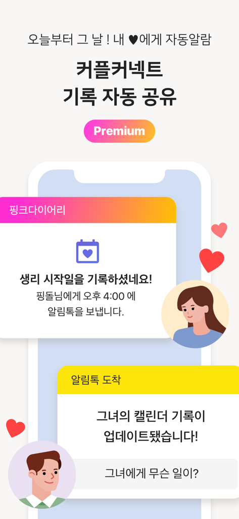 핑크다이어리-생리 배란 임신 헬스케어 앱 - 여성과 파트너 간에 자동으로 공유되는 핑크 다이어리 커플 연결 주기 상태 알림을 보여주는 시각적 표현.