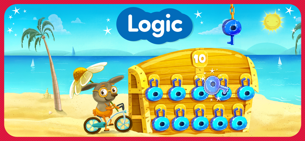 Educational logic puzzle for kids featuring a beach scene and number matching