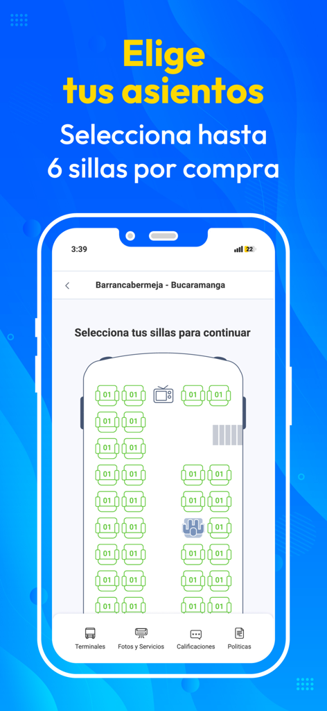 Pinbus - Seat selection interface of the Pinbus bus booking app for travel in Colombia