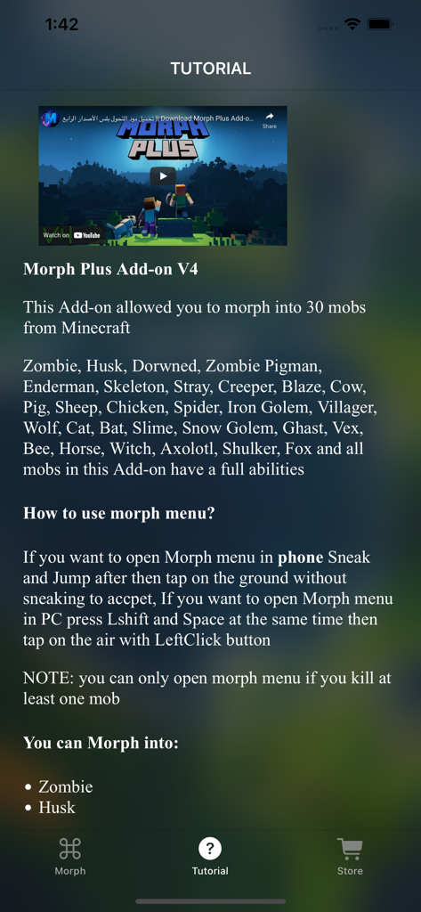 MCPE ADDONS - Morph Mods - Schermata del tutorial della mod Minecraft Morph Plus che mostra l'elenco delle trasformazioni dei mob e le istruzioni del menu