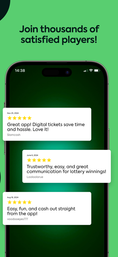 Jackpot Lottery App interface displaying five-star user testimonials highlighting its convenience and reliability