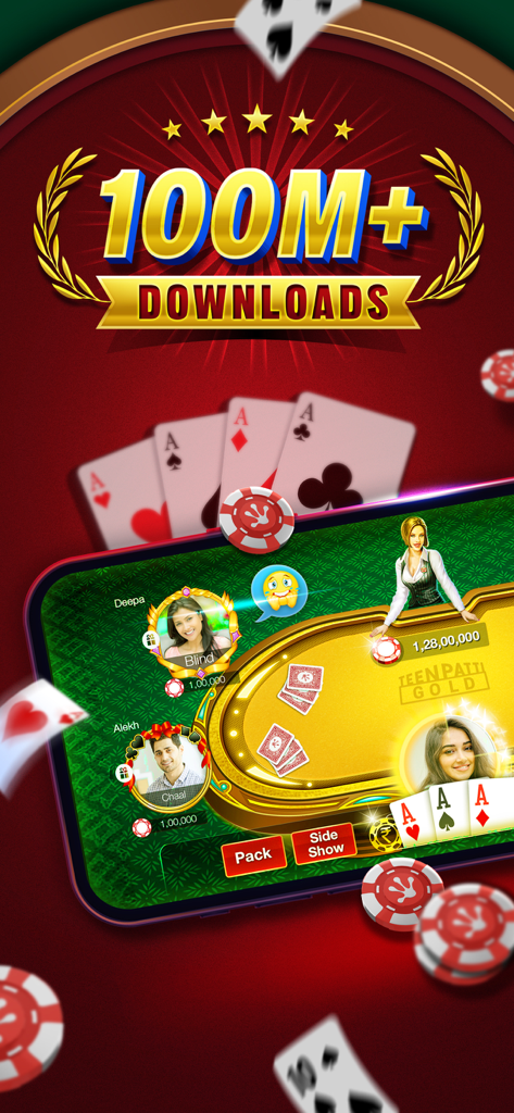 Teen Patti Gold app screenshot showing a 100 million downloads milestone and live card game table with multiplayer avatars
