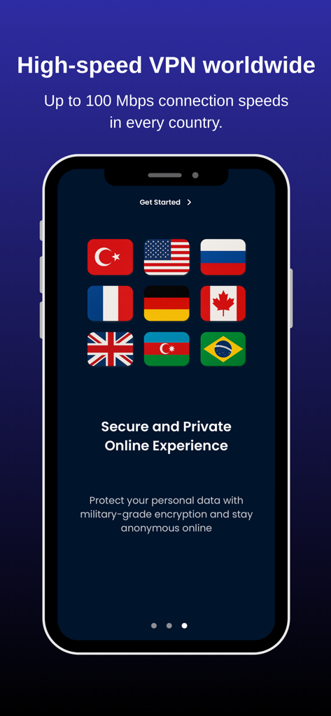 Secybers VPN: Fast & No Logs - Interfaz de la aplicación Secybers VPN que muestra una cuadrícula de banderas internacionales para la selección de servidores globales e información de conexión de alta velocidad
