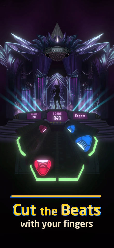 Beat Swiper - Interfaz del juego de ritmo Beat Swiper mostrando bloques de neón y jugabilidad de nivel experto