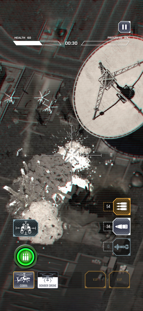 Air Commander: AC-130 Shooter - Vista en visión térmica de un avión de combate AC-130 de una explosión en una base militar con una antena parabólica.