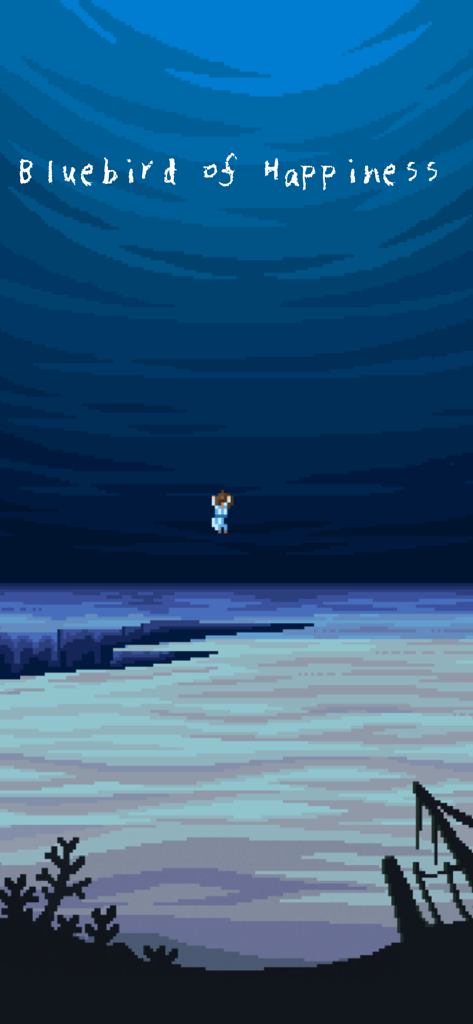 Pixel art title screen of the game Bluebird of Happiness showing a character floating in a surreal blue dreamscape