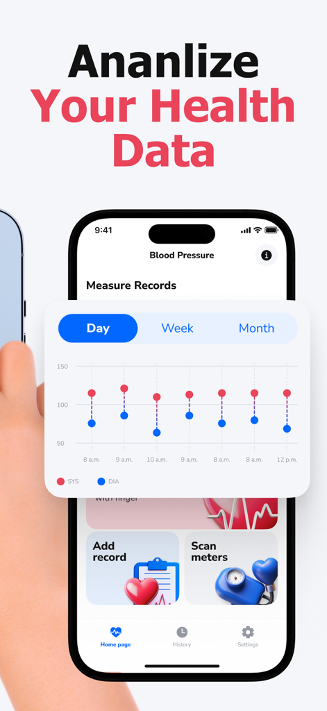 Blood Pressure ◦ Smart Tracker - A mobile health app dashboard showing a daily chart of systolic and diastolic blood pressure readings.