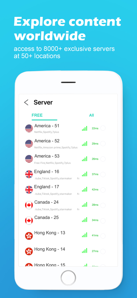 Liste des serveurs de l'application VPN Proxy Sécurisé affichant les emplacements des serveurs mondiaux et les vitesses de connexion pour le streaming