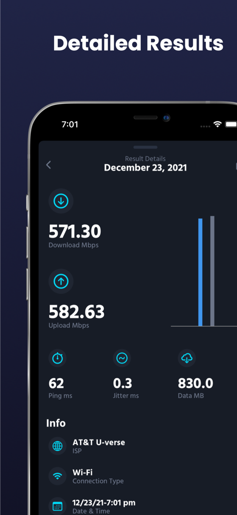 Internet Speed Test - 5G 4G - A smartphone screen displaying detailed internet speed test results for download and upload speeds