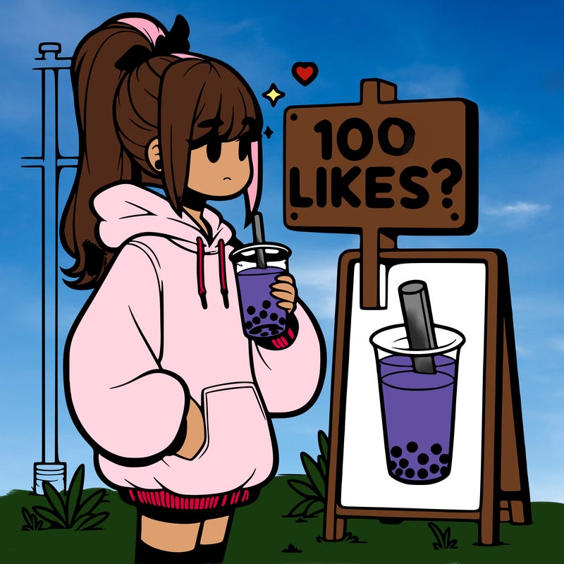 girl with oversized hoodie drinking boba and she has a high ponytail with a sign that says 10likes?