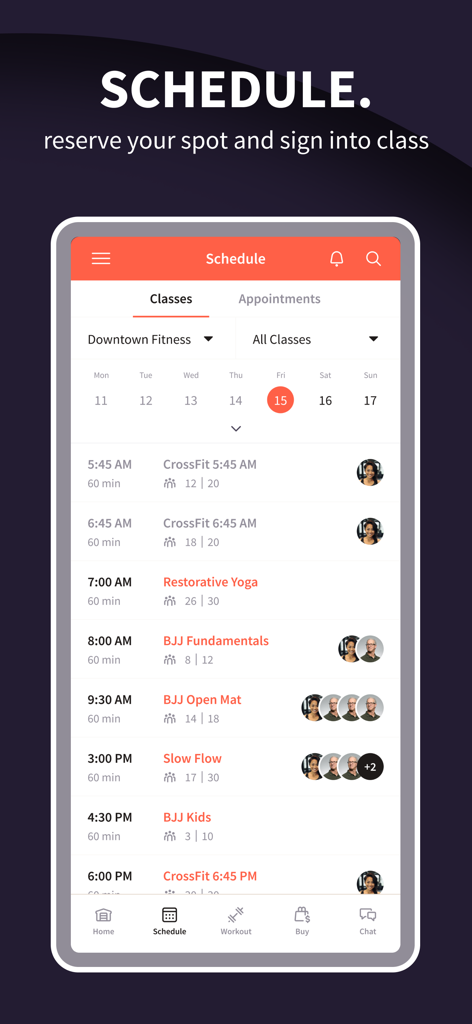 Wodify - Wodifyアプリのインターフェースは、ジムメンバー向けのクロスフィットとBJJクラスの1日のスケジュールを表示しています。