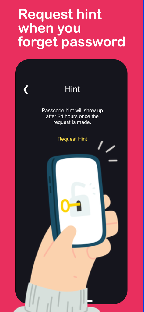 Interface of Lock Photos Private app showing how to request a passcode hint after 24 hours.