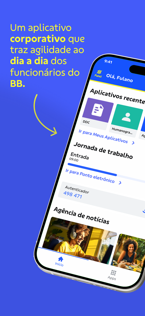 BBFunci 3.0 - Dashboard of the BBFunci 3.0 corporate app for Banco do Brasil employees showing workday tracking and recent apps.