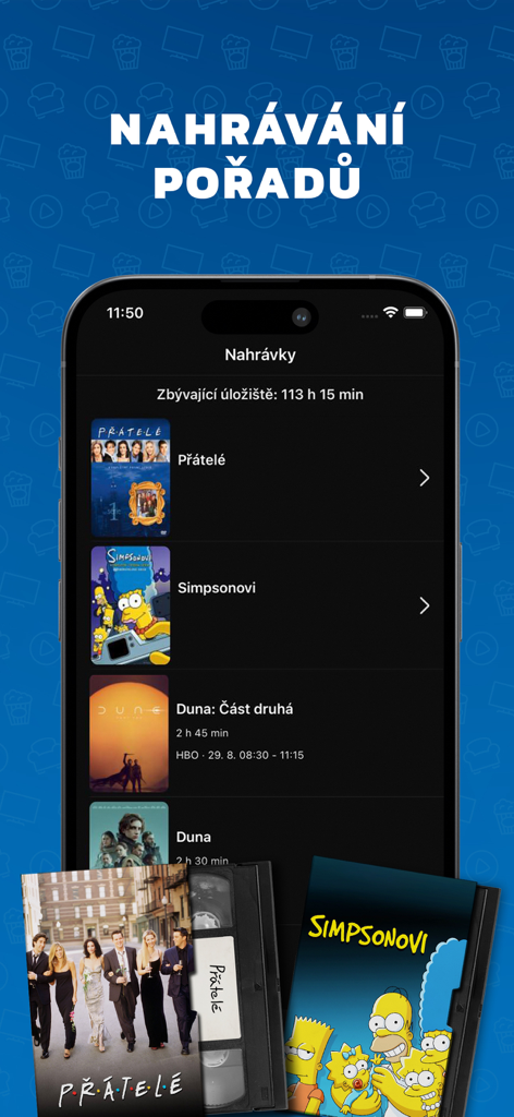 SledovaniTV - SledovaniTV mobile app interface showing the recordings library with posters for Friends, The Simpsons, and Dune