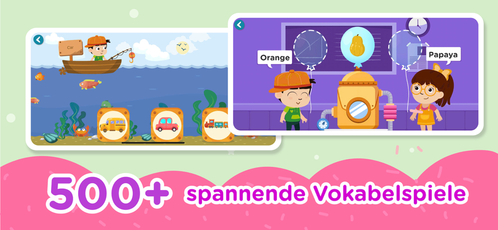 Juegos interactivos de vocabulario y palabras para niños en una aplicación de aprendizaje bilingüe