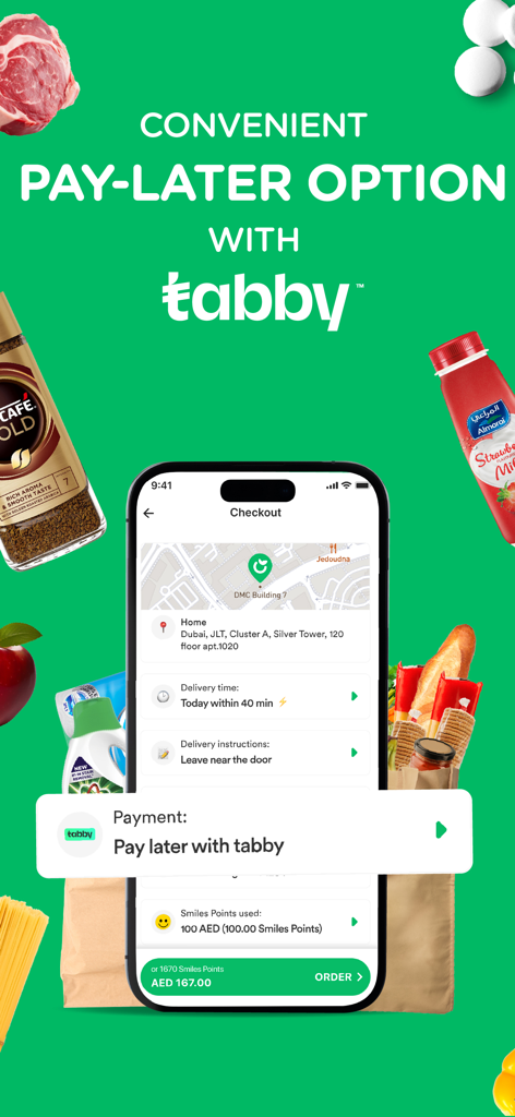 elGrocer app checkout interface highlighting the Tabby pay-later option for grocery delivery in Dubai