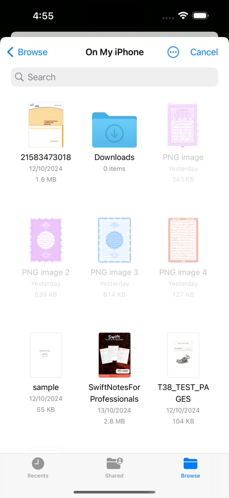 iOS file manager interface showing a list of PDF documents and folders available for reading.