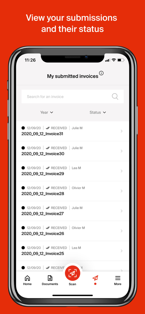 Assura - Interface showing the list of submitted medical invoices and their processing status in the Assura app.