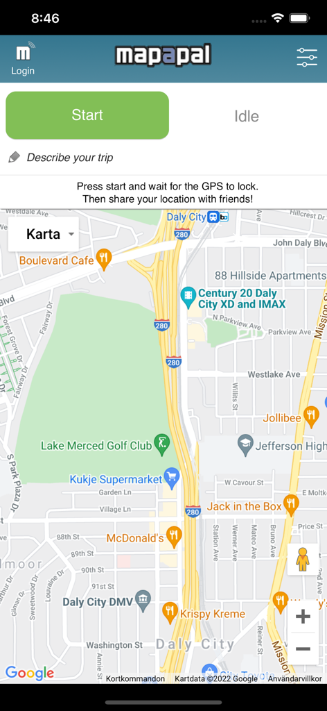 Mapapal -Real Time GPS Tracker - Interfaz principal de la aplicación Mapapal con un mapa en vivo y un botón de inicio verde para compartir la ubicación en tiempo real