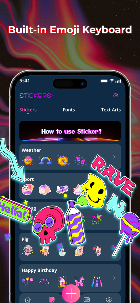 LED Keyboard - RGB Theme - Tela de smartphone mostrando o teclado de emojis e adesivos integrado com gráficos neon coloridos.