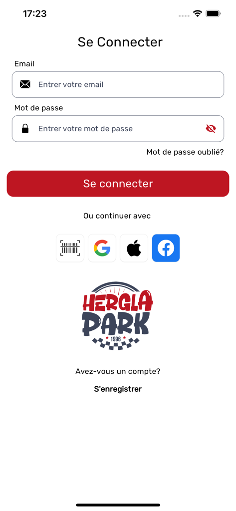 Hergla Park - Hergla Park app login screen with email and password fields plus social sign in options