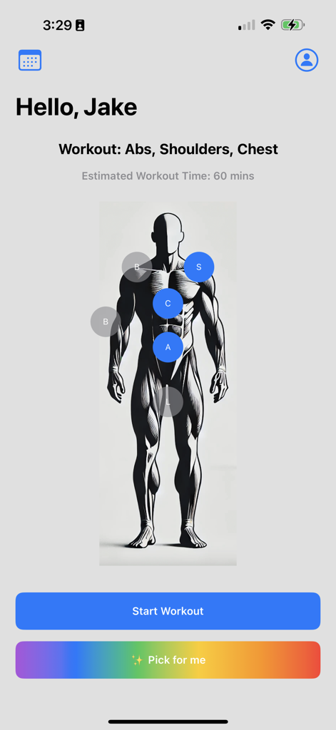 Fitness Buddy! - Fitness Buddy app dashboard showing an interactive human body diagram with highlighted muscle groups for a planned workout