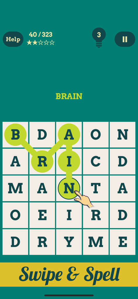 Brain Games : Words & Numbers - Una interfaz de juego de búsqueda de palabras que muestra una mano deslizando sobre fichas de letras para deletrear la palabra BRAIN