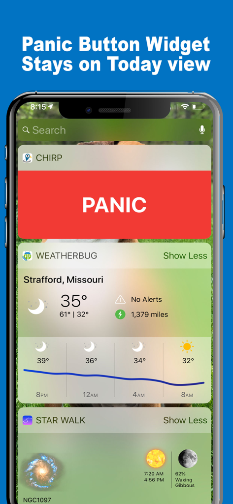 Large red emergency SOS panic button widget for the Chirp GPS app on iPhone