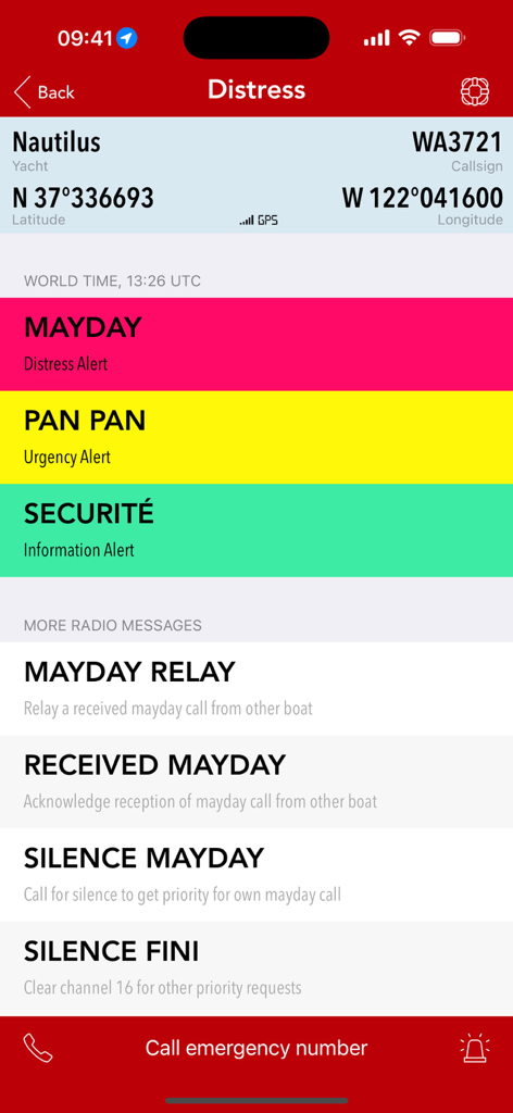 Sea Weather Professional - Mobile screen showing maritime distress alerts including Mayday and Pan Pan options with GPS coordinates