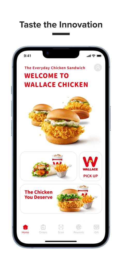Wallace Chicken - Pantalla de inicio de la aplicación móvil Wallace Chicken que muestra sándwiches de pollo crujientes y opciones de menú