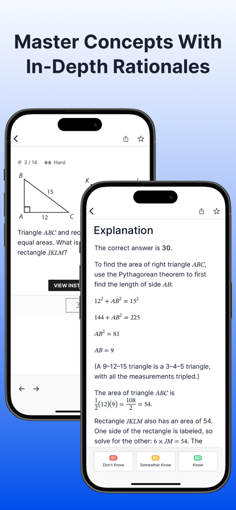 Manhattan Prep | GRE Practice - Two smartphones showing the Manhattan Prep GRE app with a geometry practice question and a detailed step by step explanation