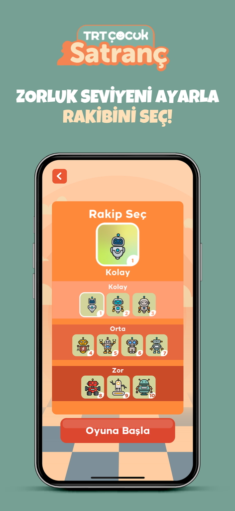 TRT Çocuk Satranç-Hamle Ustası - TRT Cocuk Satranc game screen showing robot character selection for easy medium and hard difficulty levels