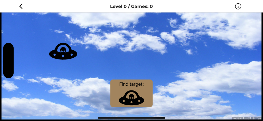 Nimble: Brain Rehabilitation - Un juego de seguimiento visual de la aplicación Nimble diseñado para la rehabilitación de hemianopia, que presenta un objetivo OVNI contra un fondo de cielo.