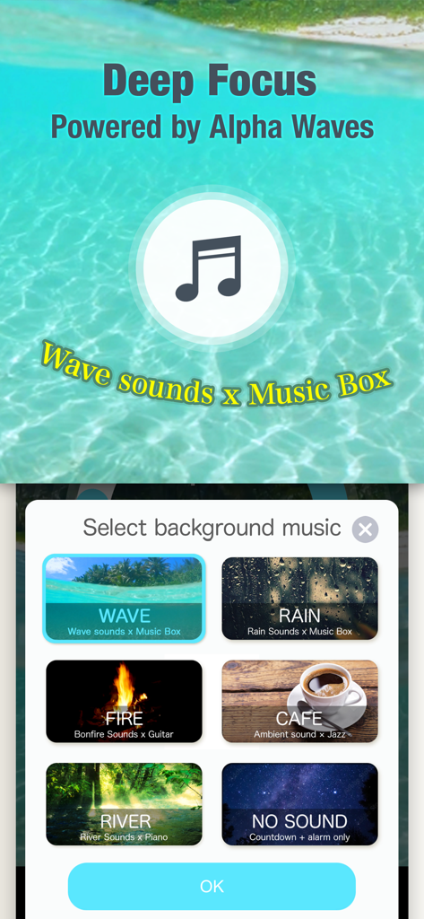 Study Timer: Focus & Pomodoro - Pantalla de selección de música de fondo ambiental, incluyendo sonidos de olas, lluvia y cafetería para un enfoque profundo.