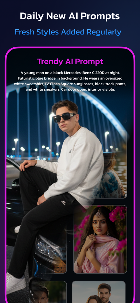 Prompt App interface displaying daily updated AI photo prompts with a trendy cinematic portrait example.