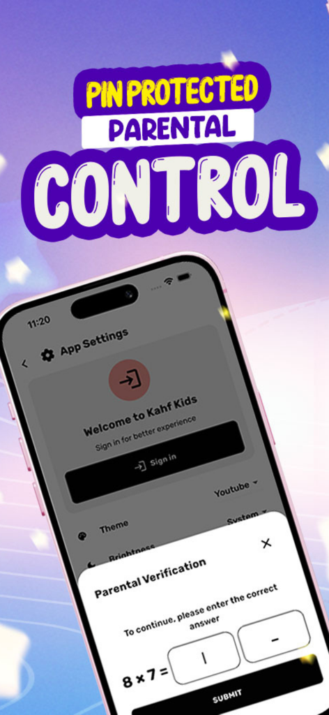 Parental control verification screen in the Kahf Kids app featuring a math problem for secure access