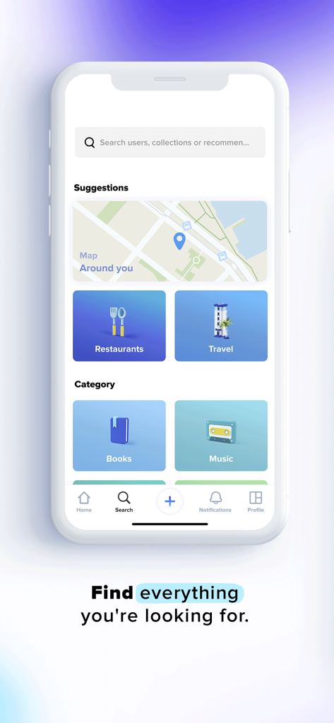 Peoople app search interface displaying categories like restaurants and travel for social recommendations