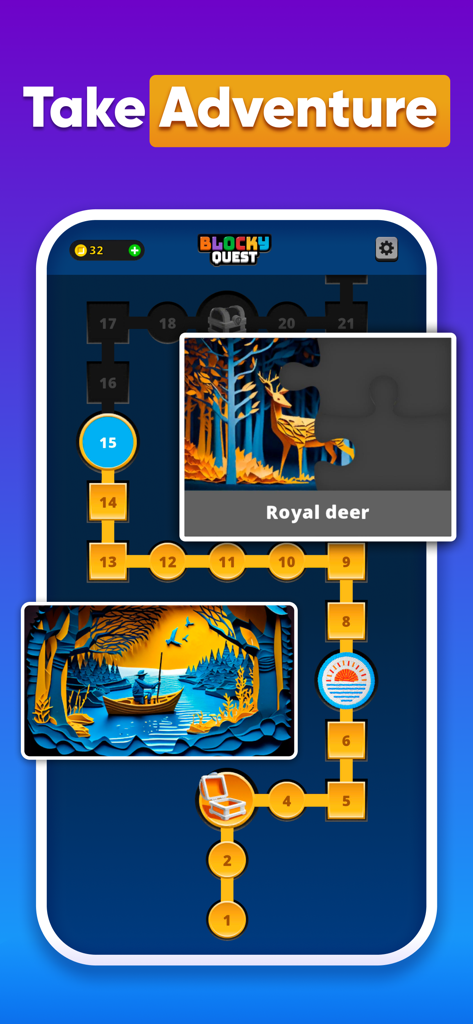 Blocky Quest - Classic Blocks - A level map interface in Blocky Quest showing quest nodes and jigsaw puzzle rewards like the Royal Deer.