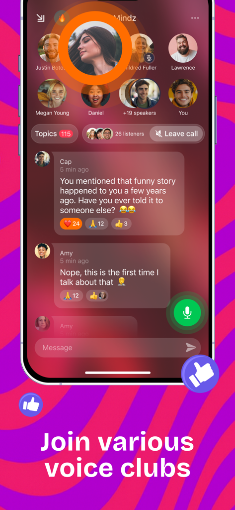 Wakie Chat: Talk to Strangers - Interface of a Wakie voice club showing multiple profile photos and a text chat feed