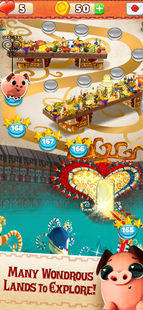 Level map from Sugar Smash Book of Life game showing different worlds and a cute pig character