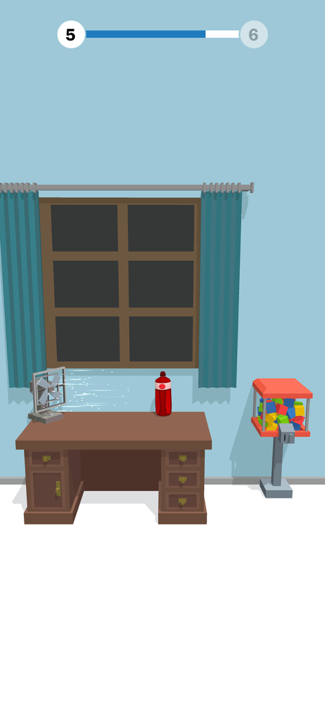 A red bottle resting on a wooden desk in the Bottle Flip 3D mobile game